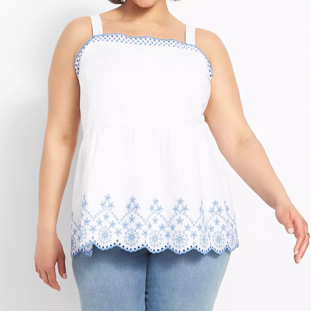 LANE BRYANT EMBROIDERED BLUE AND WHITE PEPLUM TANK TOP
